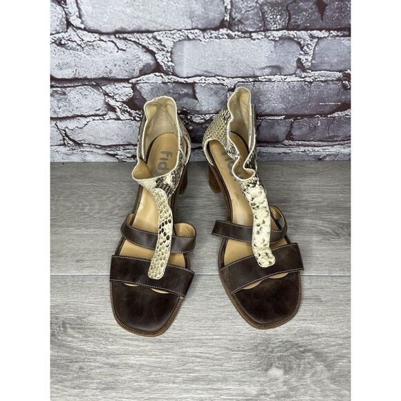 Fidji Ivory Leather Snake Skin Anke Strap Print Brown Heel Sandals Women 38.5EU - Picture 12 of 16